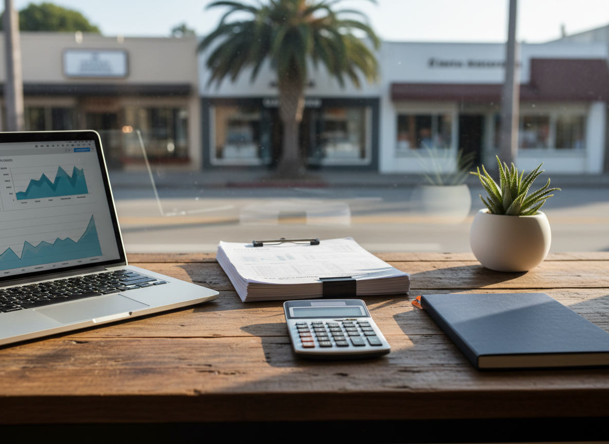 An organized desktop scene representing small business bookkeeping in the Bay Area: a sturdy reclaimed-wood table with a visible patina, holding an open laptop showing abstract graphs, a neatly stacked pile of invoices, and a slim wireless calculator aligned precisely with a navy-blue notebook. A potted succulent in a white matte planter adds a local California touch, with the blurred outline of a Santa Cruz–style street of independent shops outside the window. Soft, diffused afternoon daylight filters in, creating a calm, focused mood with gentle shadows. Captured from a slightly elevated angle in photographic realism, the composition uses the rule of thirds to emphasize the tools of bookkeeping and meticulous organization.